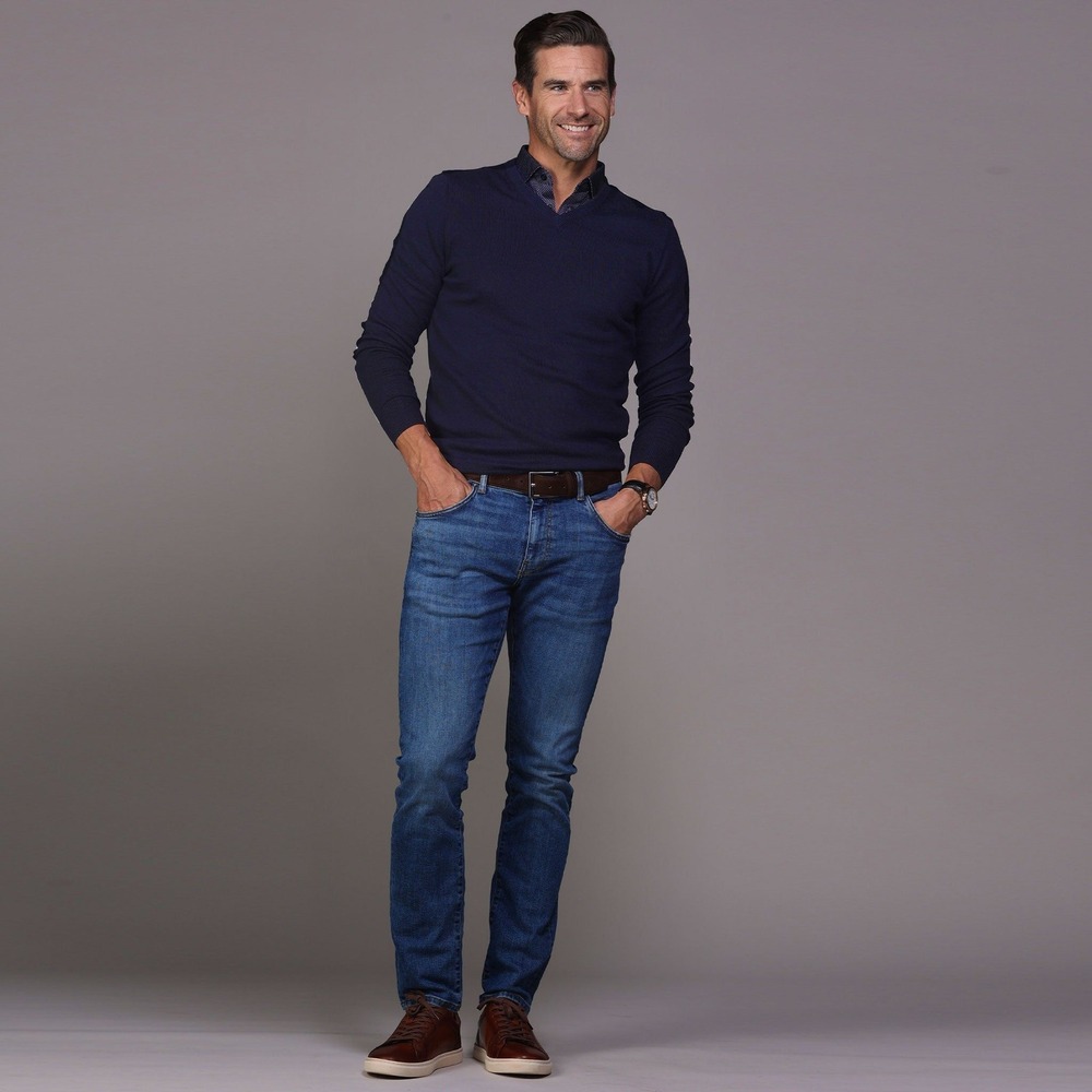 Collar & Co Mens Luxury Touch Cotton Cashmere V-Neck Sweater Navy Medium NWT